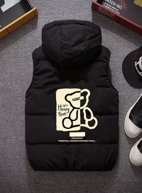 大码棉服马甲女短款连帽拉链背心秋季新款宽松高级感黑色马夹外套