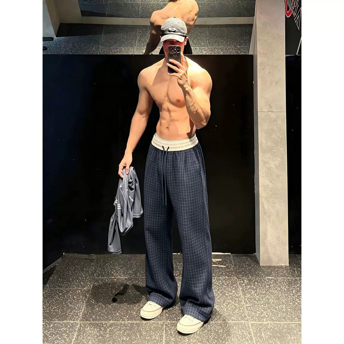 网红美式复古格子裤男女宽松直筒慵懒卫裤阔腿运动休闲裤子情侣