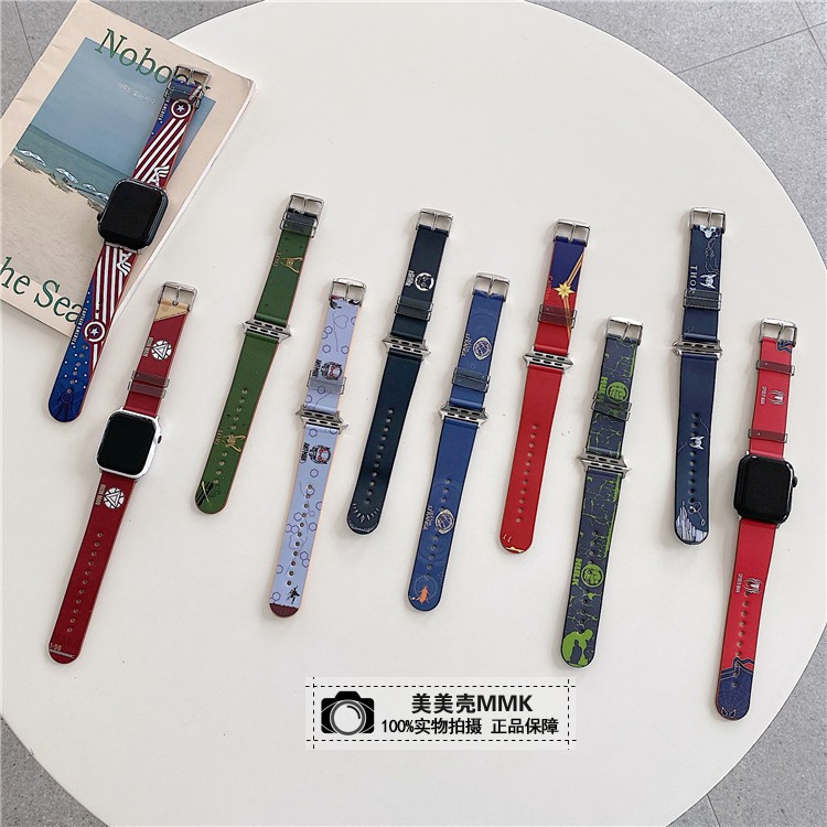 漫威全系列情侣男女苹果 AppleWatch手表带Series6仿皮革SE调节PU