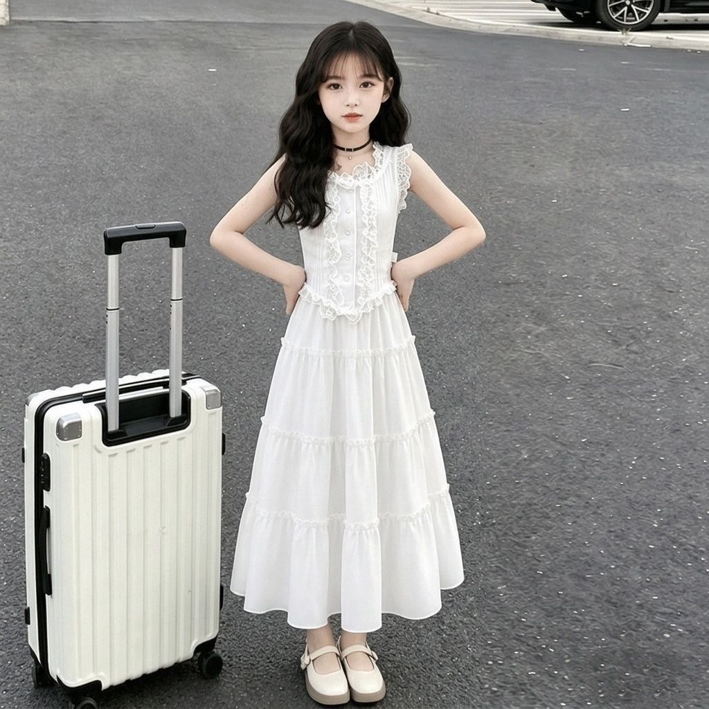仙琦曼女童公主裙套装夏季新款蕾丝花边开衫上衣时尚百搭长裙款潮