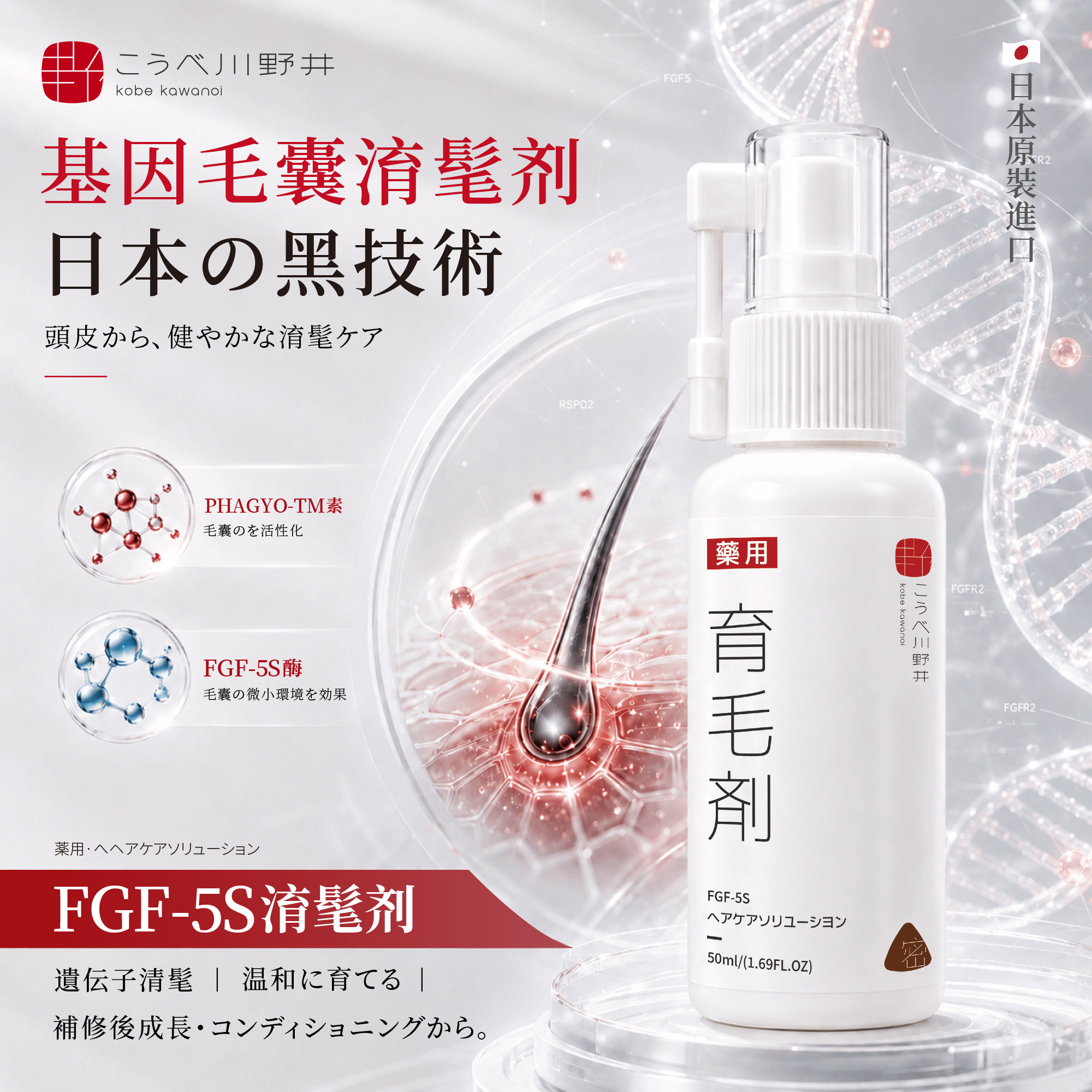 【日本贩售】こうべ川野井FGF-5S基因淯髦头发际线营养剂增密增长