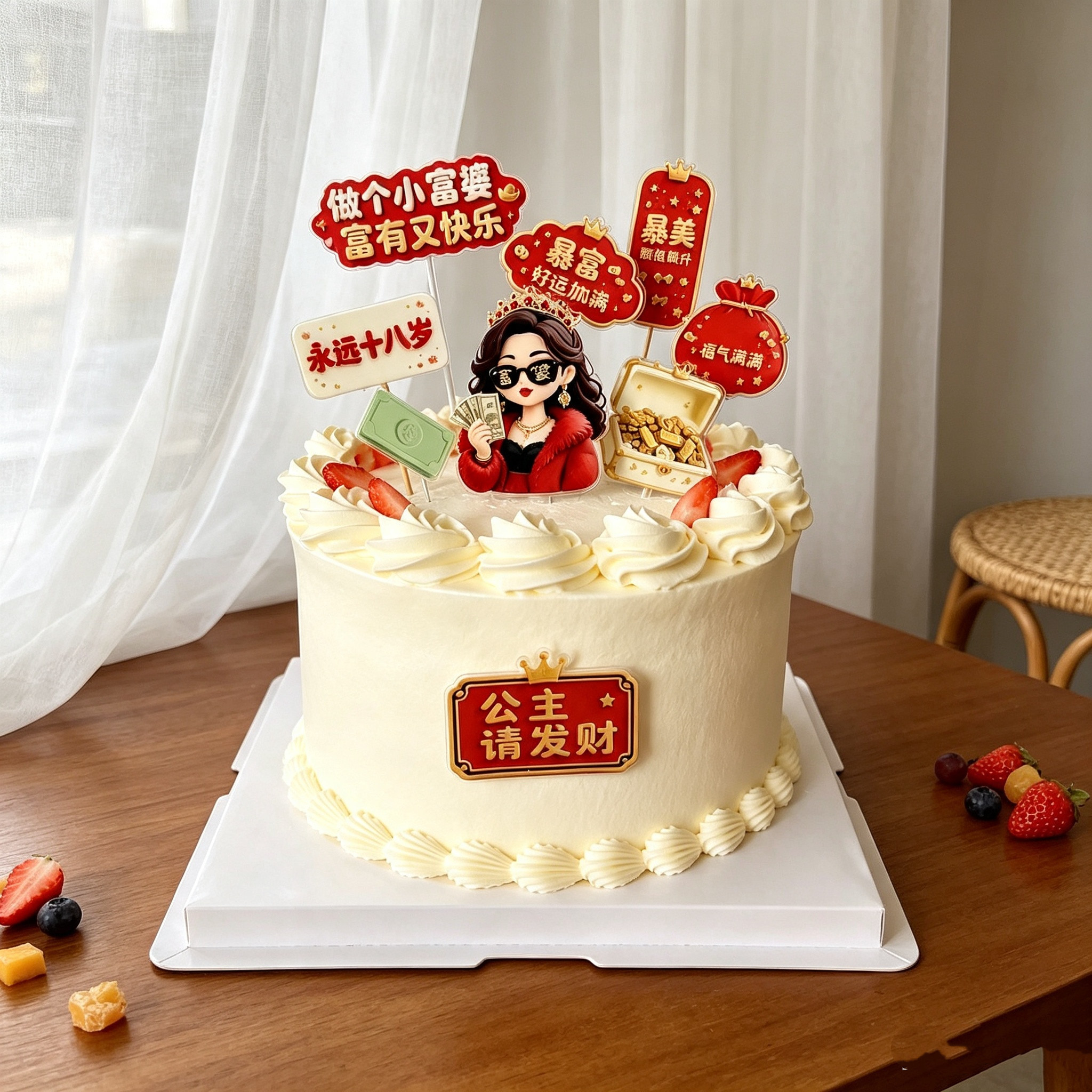 网红富婆蛋糕装饰摆件做个小富婆富有又快乐暴富爆美亚克力插牌
