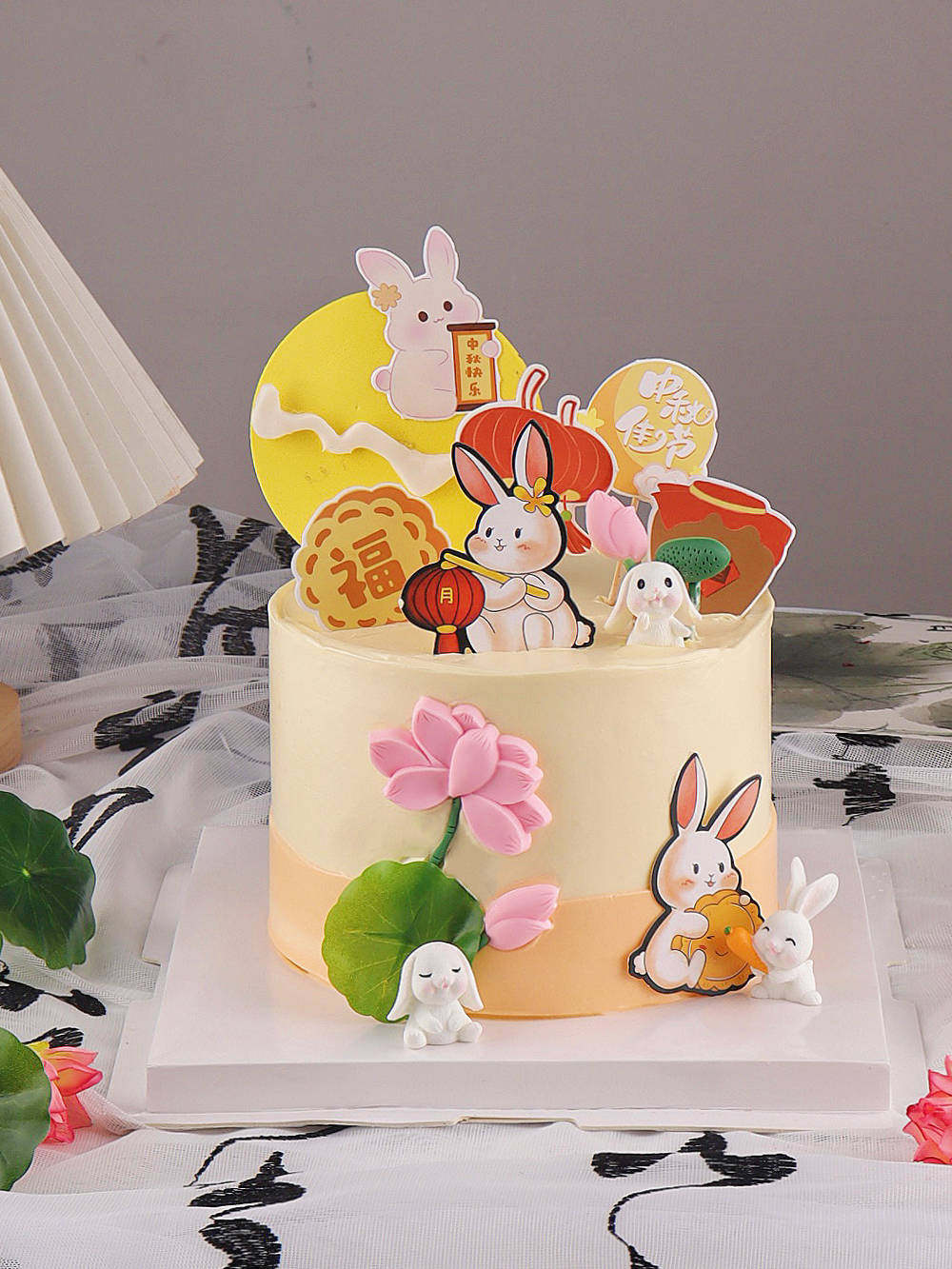中秋节快乐蛋糕装饰插件月饼玉兔插牌月亮荷花花好月圆节日摆件