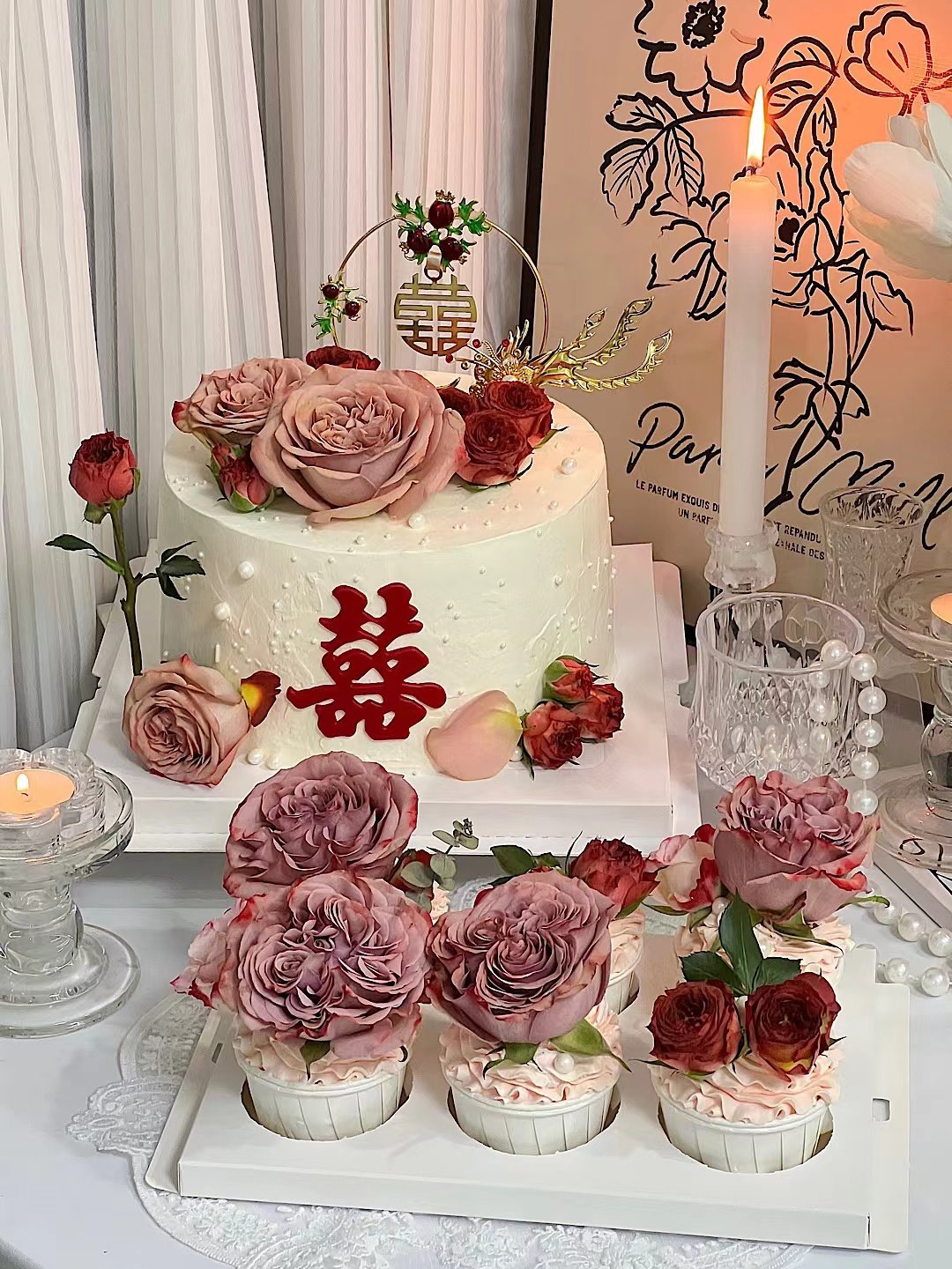 铁艺圆形囍蛋糕装饰摆件石榴花凤凰珍珠订婚礼结婚喜字甜品台插件