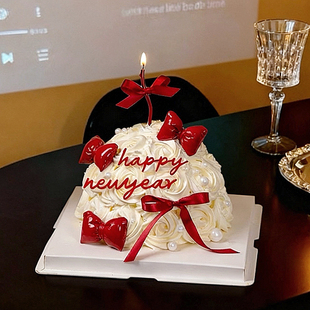 2026新年跨年蛋糕装饰亚克力摆件马年皮质立体蝴蝶结丝带装扮插件