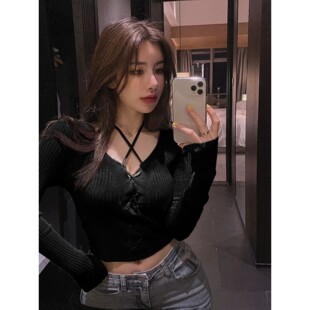 Pure desire style top 2024 spring new item V-neck long sleev