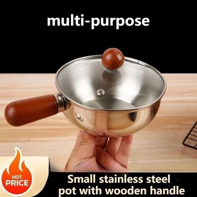 Stainless Steel Saucepan with Wood Handle, 14cm Mini Pot for