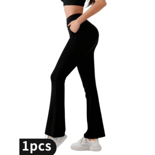 1PC Flare Leggings with Pockets for Women High Waisted Black