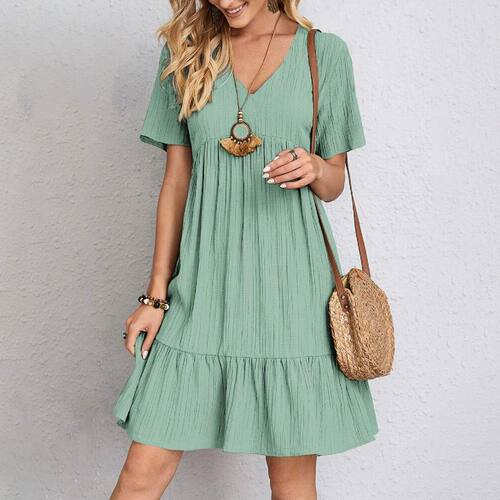 Summer Womens Short Sleeve Mini Dress Ladies Pleated Ruffle