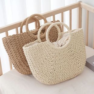 Summer Half-moon Straw Bag For Women Handmade Portable Handb