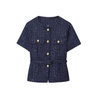 Women 2025 Fashion Blue Tweed Blazer Coat With Belt Female S