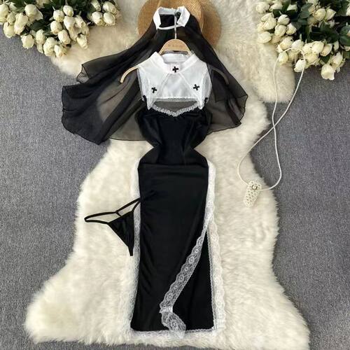 Black Patchwork Lace Long Dress Hollow Out Women Secret Clot