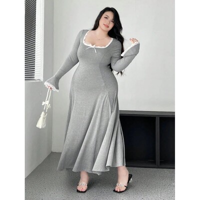 plus Size Women's U-Neck Knit Dress Solid Color Long Sleeve