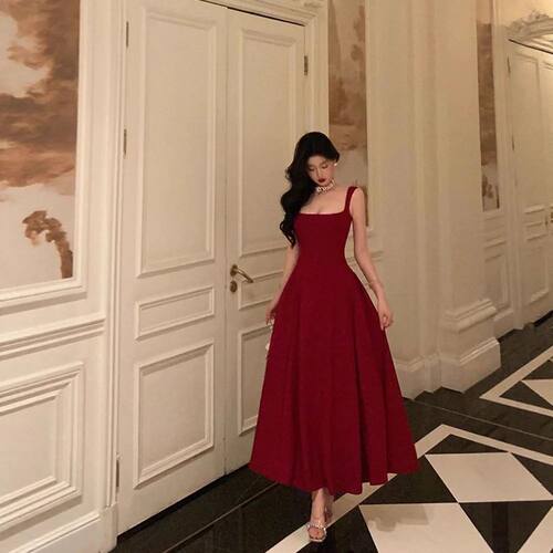 Elegant French Style Hepburn Red Dress Summer New Waist Cinc