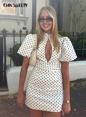Elegant Polk Dot Women's Dress Short Sleeve Hollow Out Hip P