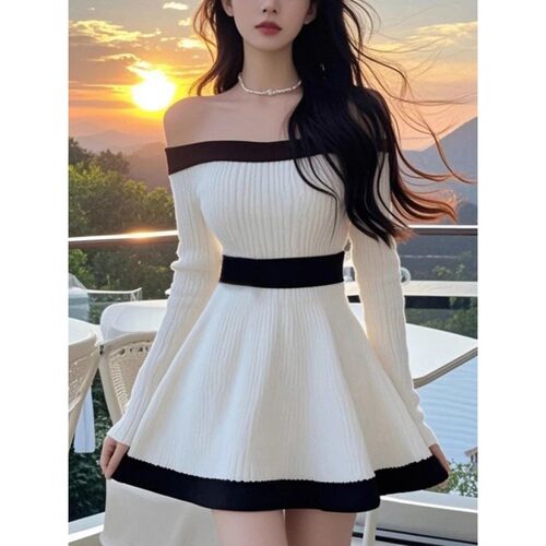 Black White Contrast One Shoulder Dress Women French Elegant
