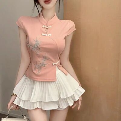 Chinese Style Bamboo Embroidery Buckle Pink Short Sleeved T-