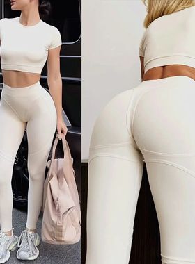 2Pcs Short Sleeve Shirt Crop ops Yoga Set Gym Triangle Sport