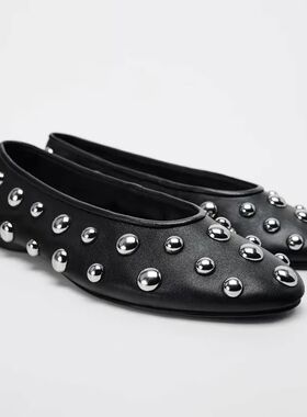 2024 New Rivet Round Head Flat Shoes Luxury Black Leather Sa