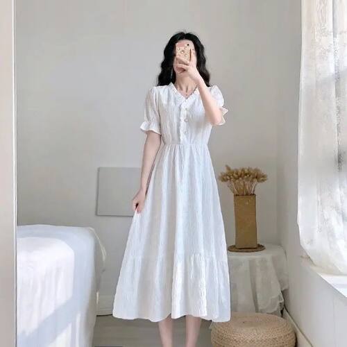 Dress for Women Summer Large Size Short Sleeve Shirt White B