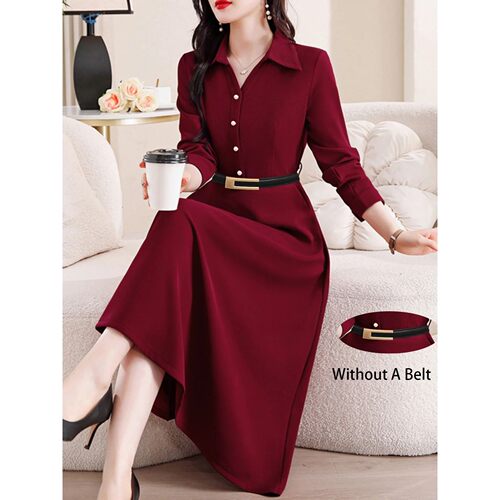 Women Elegant Midi Dress Long Sleeve Office Lady Shirt Dress