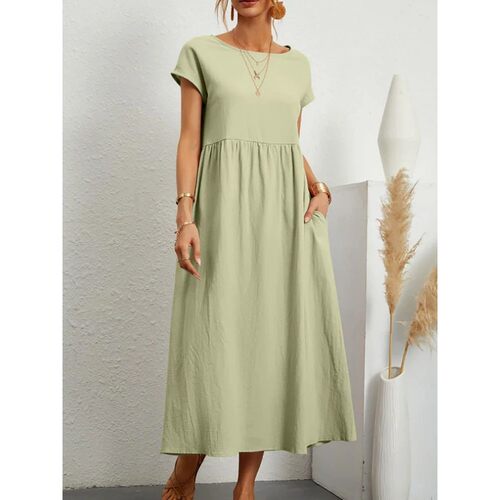 Women Elegant Solid Maxi Dress Summer Short Sleeve O Neck Vi