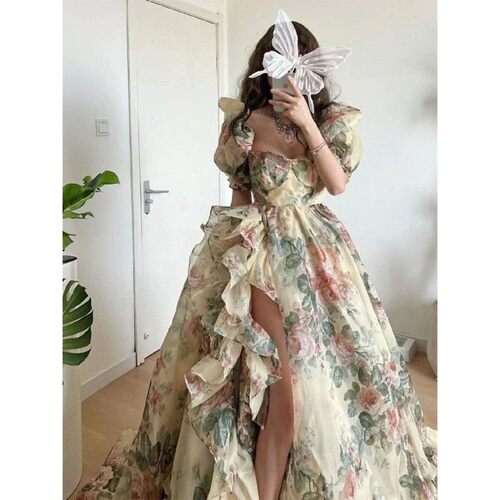 2024 Spring Princess Elegant Dress Women Puff Sleeve Print Y