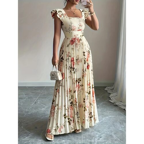 Elegant Beige Floral Pleated Midi Dress with Ruffle Square N