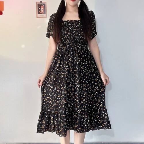 Spring Summer Elastic Waist Short Sleeve Chiffon Dress Women