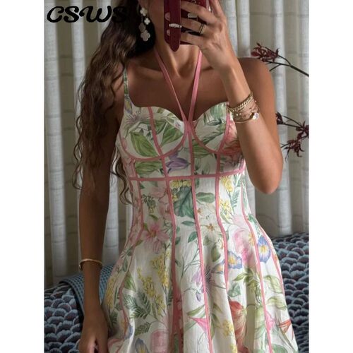 Elegant Printed Flower Women's Dress Contrast Sleeveless Hal