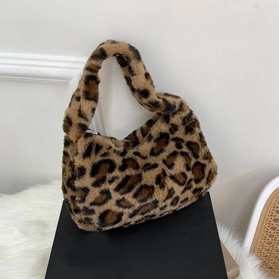 Stylish Leopard Pattern Tote Bag Soft Plush Handbag Underarm