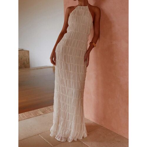 Women Elegant Backless Long Dress Halter Tie Neck Maxi Dress