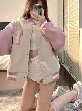 2024 Spring Autumn New Embroidered Pink Baseball Jacket Wome