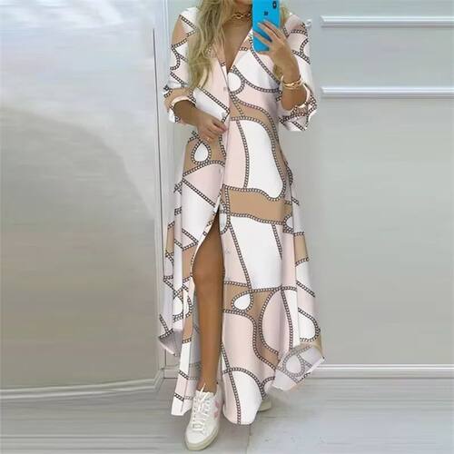 Summer Women Boho Printed Long Shirts Elegant Dress Turn-dow