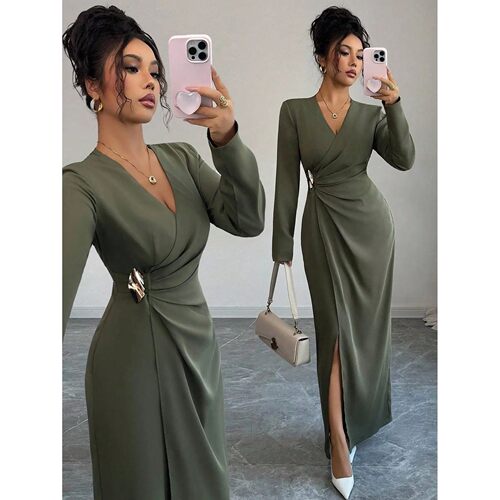 Woman Elegant Wrap V Neck Maxi Dress Ruched Waist High Slit