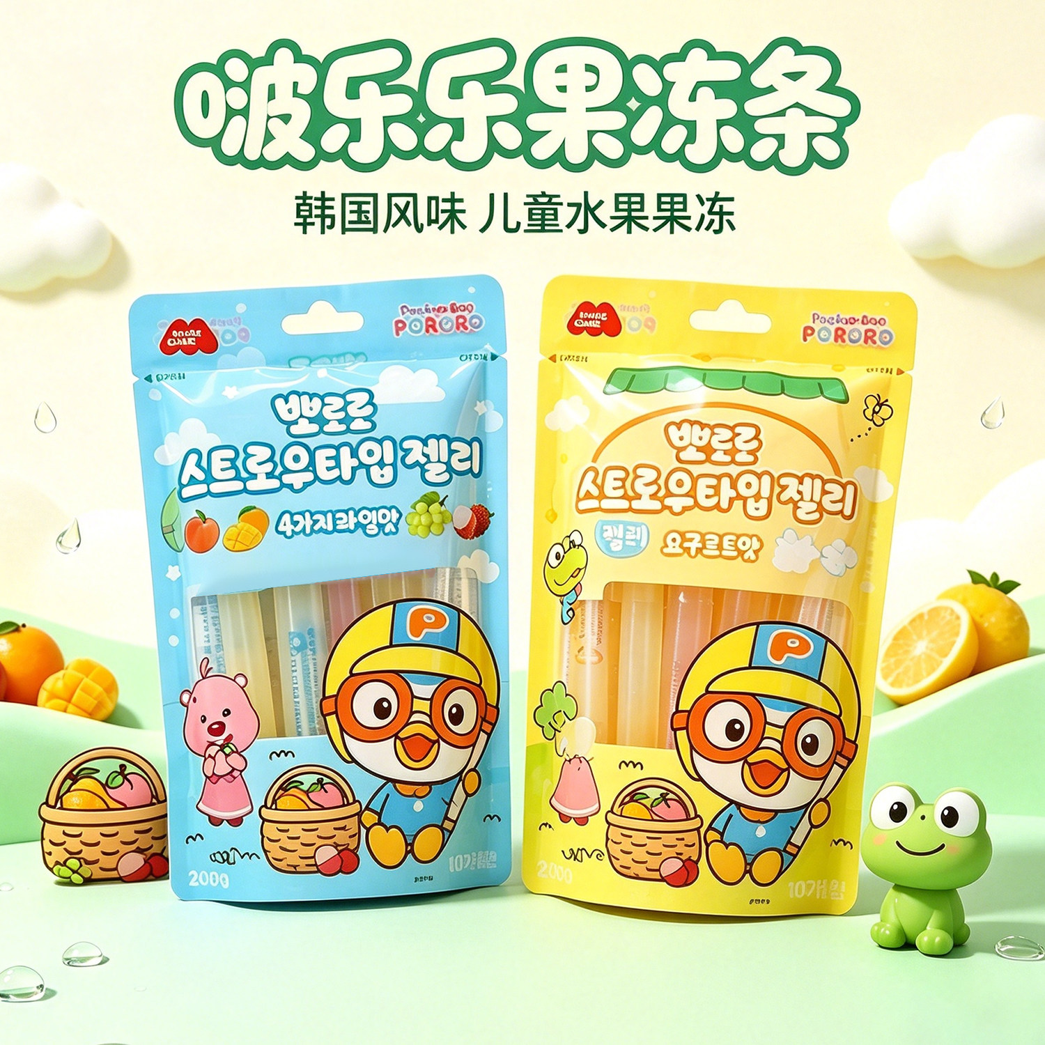 韩国进口Pororo啵乐乐乳酸菌水果味吸吸果冻条200g可冻冰棒零食品