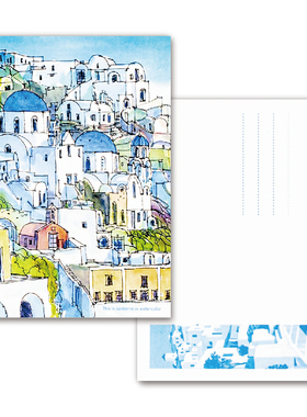 @希腊水彩画 圣托里尼岛 ins拍照背景卡片欧洲旅游纪念明信片