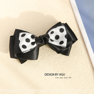 进口缎面波点蝴蝶结发夹简约黑色后脑勺马尾夹半扎发头饰弹簧夹子