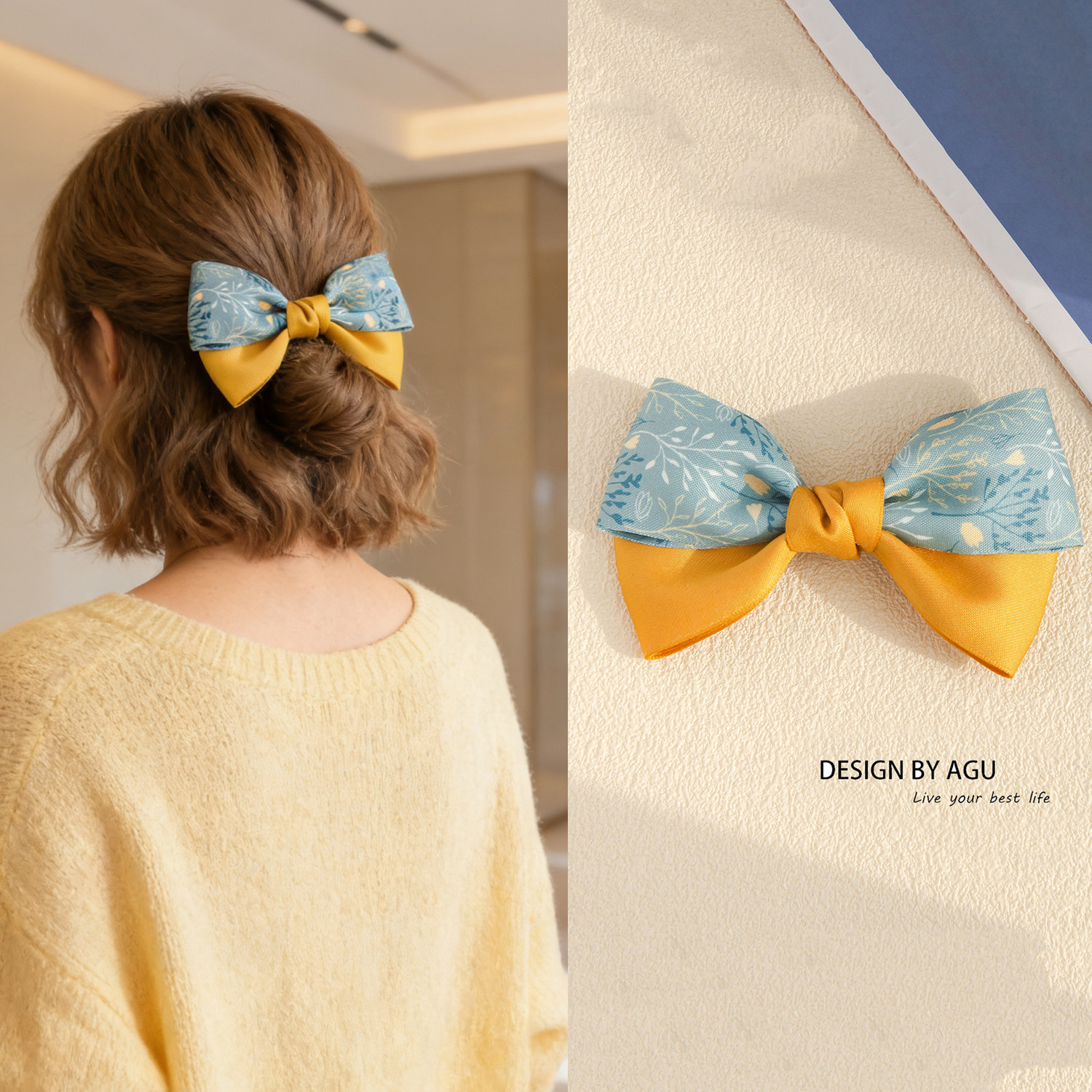 黄色绿野仙踪甜美蝴蝶结发夹新款气质顶夹发饰小清新高级感弹簧夹