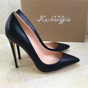 女细跟10CM尖头浅口通勤职业OL单鞋 黑色羊纹高跟鞋 女鞋 2021新款