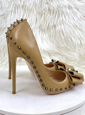 2022年秋季新款蝴蝶结名媛铆钉高跟鞋12CM尖头细跟浅口女鞋柳丁鞋