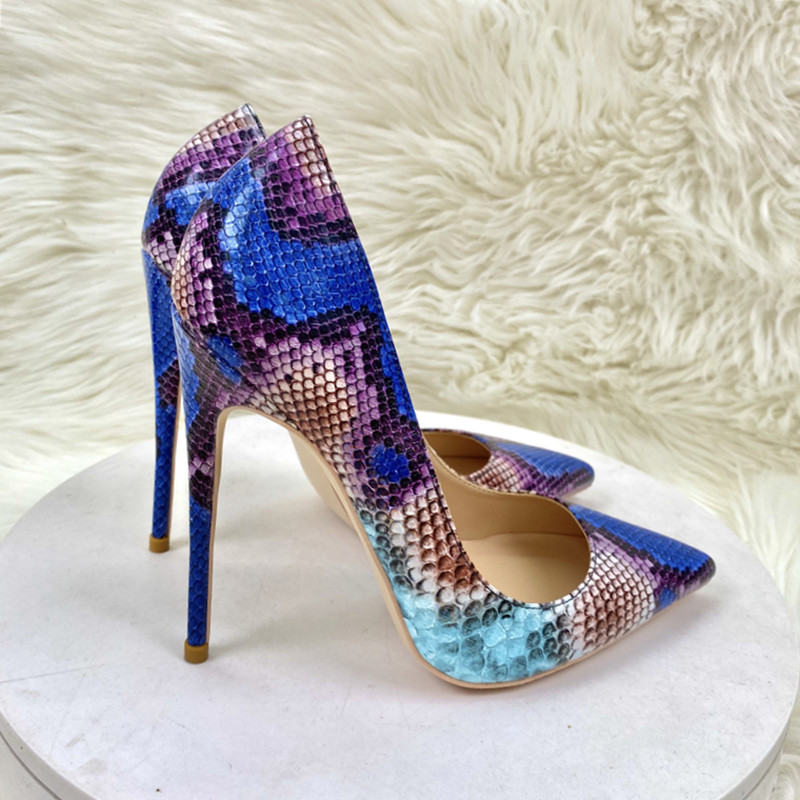 2022年新款蓝色蛇皮纹名媛高跟鞋女细跟10CM时尚性感宴会浅口单鞋
