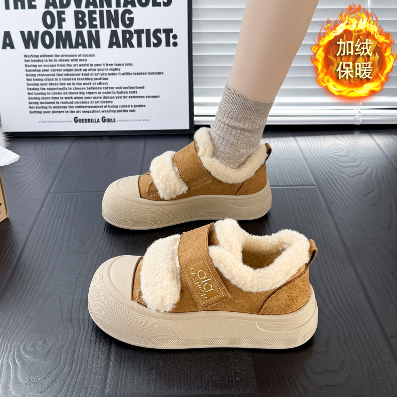 真皮加绒毛毛鞋女板鞋2025新款冬季棉鞋厚底增高魔术贴女鞋雪地靴