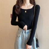 Alley 秋冬新显瘦百搭方领坑条毛衣 打底针织衫 Closet内搭修身 长袖