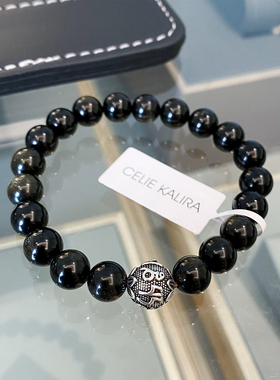 黑曜石S925银六字真言男女手串