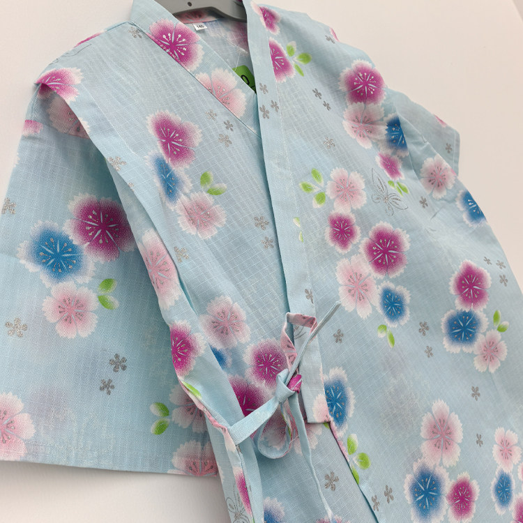 日本甚平浴衣纯棉和服套装女孩汗蒸服樱花蝴蝶偏襟睡衣大童家居服