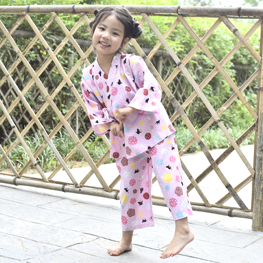 日本甚平男女孩和服长袖套装儿童纯棉睡衣宝宝空调房家居服粉花球