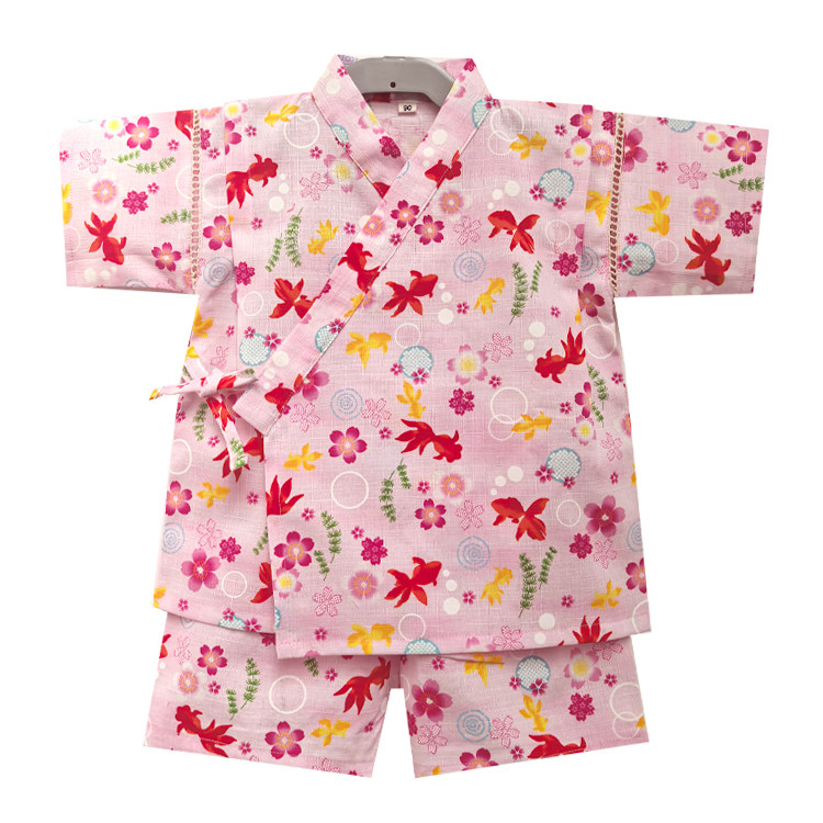 纯棉女孩睡衣日本单樱花小鱼儿童和服套装女宝宝汗蒸服粉色家居服