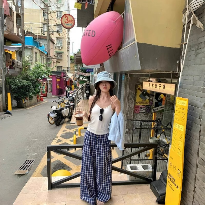145小个子蓝色格子裤子女春秋150高腰宽松阔腿裤慵懒风休闲拖地裤