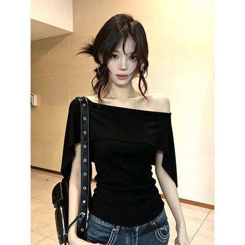 260克随心裁人棉韩系黑色拼接斗篷短袖t恤女夏季绝美修身短款上衣